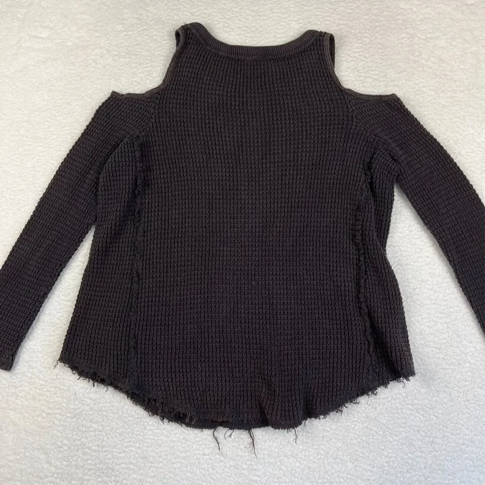 Free People Sweater Women's Small SP Cold Shoulder Frayed Hem Waffle Knit Faded‎ - Picture 4 of 12